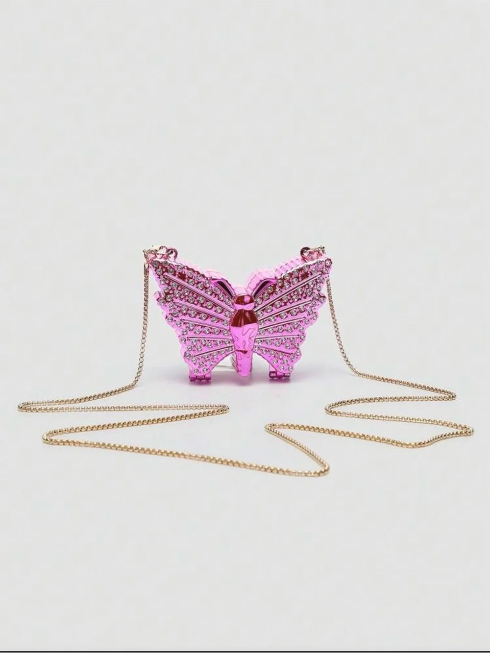 Shiny Pink Metallic Butterfly Mini Crossbody Bag with Crystal Accents - Picture 5 of 7